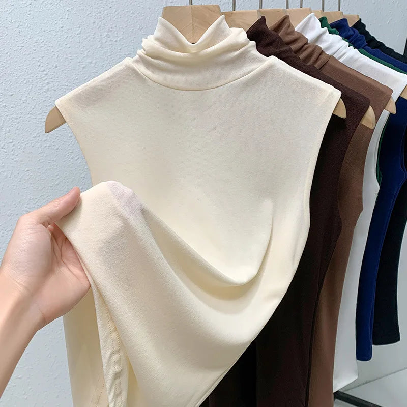 Elastic Mesh High Neck T-shirt New Women's Solid Color Plus Size Sleeveless Basic Top