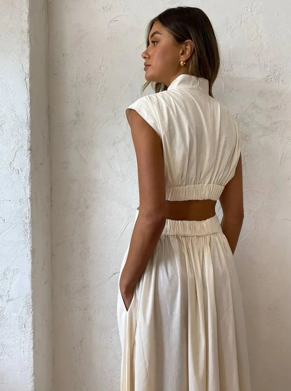 New Holiday Style, Solid Color Waist Empty And Sexy Waist Pleated Large Skirt Dress