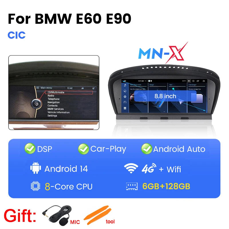 4G LTE 128GB Android 14 Car Multimedia Radio Player For BMW 3 Series E60 E61 E63 E64 5 Series E90 E91 E92 E93 CarPlay Navigation