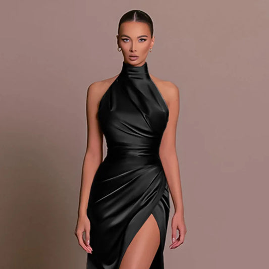 Women Dress Elegant Long Dresses Party Night Dress Women Dresses Woman Female Stand Collar Hanging Neck Sexy Slim Fit Slit