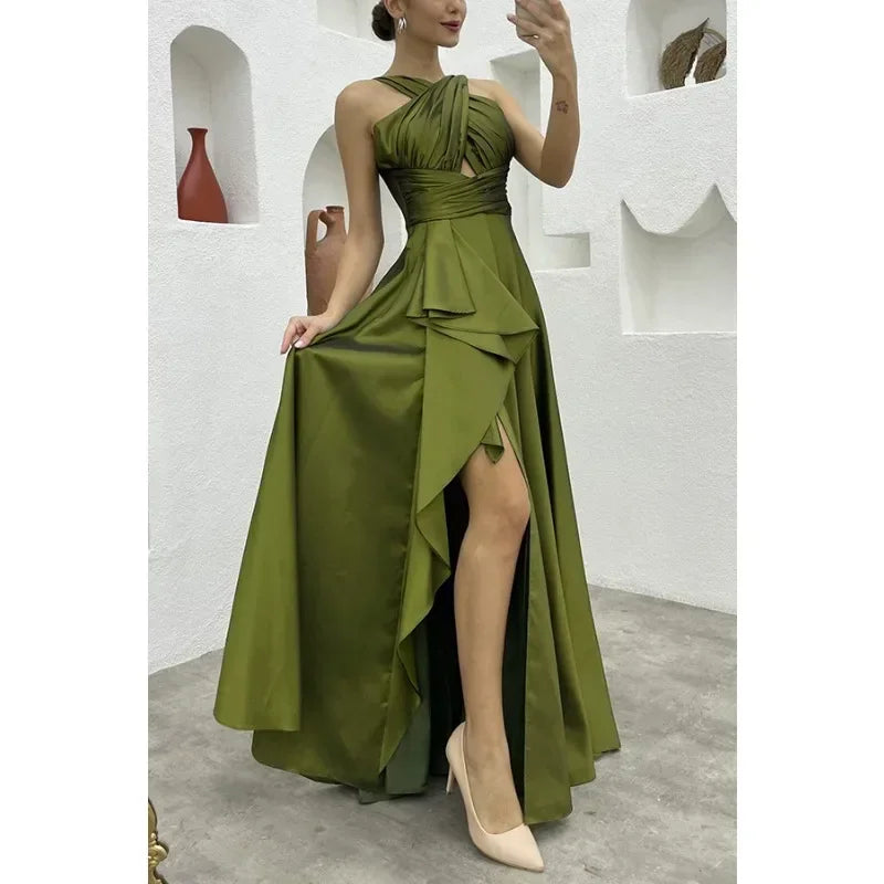 Sexy Split Women Dress One Shoulder High Waist Party Dress Solid Color Strapless Big Swing Evening Long Maxi Dress