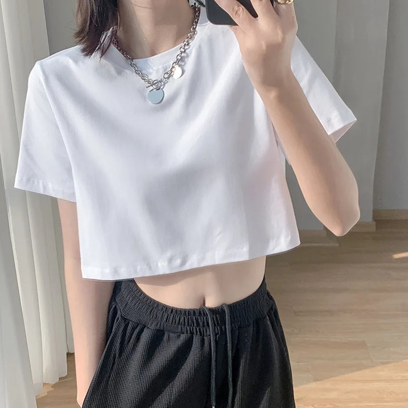 Summer Fashion Women's Clothing Top Y2K loose  Short Sleeve T-shirt Sexy Solid Color Street Women Crop Top