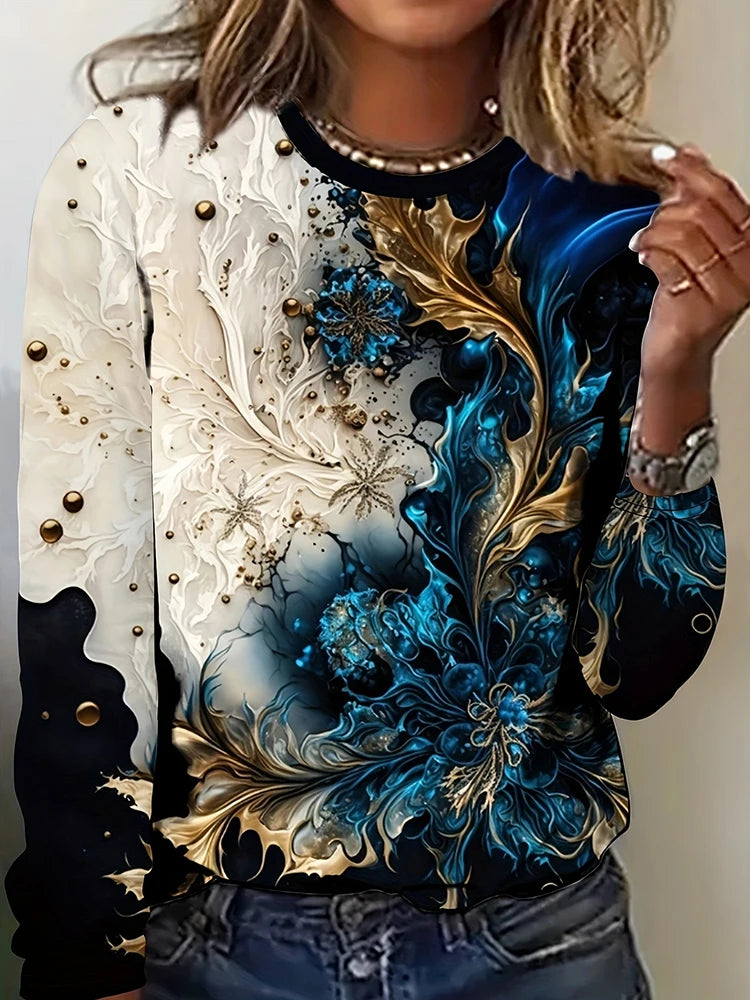 Daily Women's Warm Tops For Autumn And Winter 3D Flower-printed Fashionable Long-sleeved T-shirts Street-style Casual T-shirts