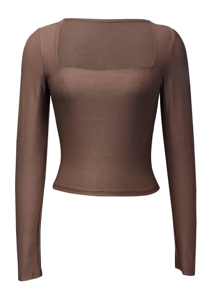 Women's Slim Fit Crop Tops Fashion Long Sleeve Square Neck Solid Color Pullover Basic T-Shirt Dressy Blouses 2024 New Streetwear