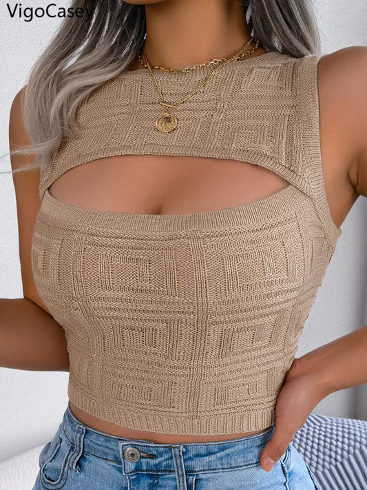 VigoCasey 2025 Summer Lady Sexy Bodycon Crop Top Women Solid Hollow Knit Vest Female Sleeveless Casual Club Short Tops Clothes