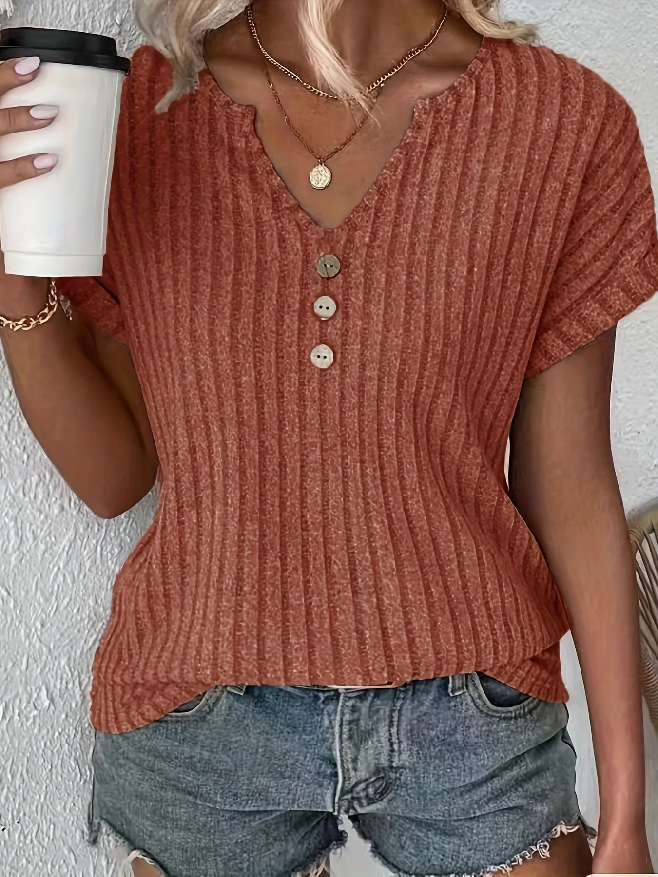 Spring/summer new solid color ribbed top V-neck button decorated elegant T-shirt ladies S-2XL