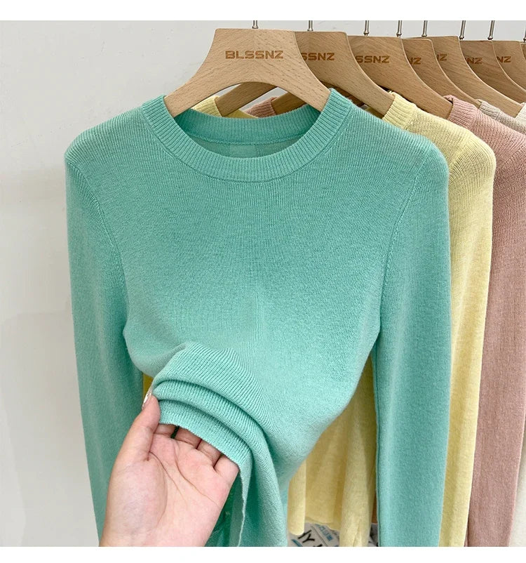 Spring  Basic O-Neck Slim T-Shirt Women Solid Multi Color All-Match Trend Casual Top Screw Knit Long Sleeve Elastic Office Lady