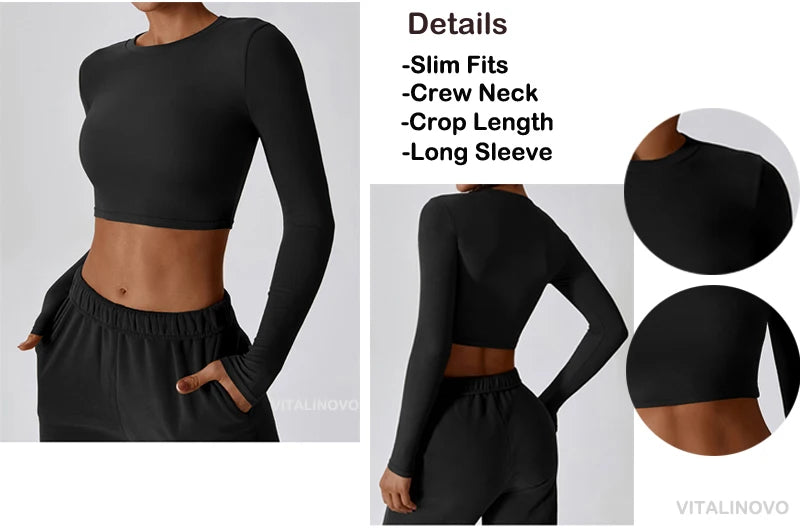 VITALINOVO Ribbed Crew Neck Cropprd Gym Tee Shirt Lightweight Basic Crop Tops Slim Fit Long Sleeve Workout Shirts for Women