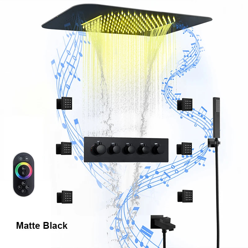 580*380mm Constant-Temperature Shower System Brushed Gold Shower Set LED Light Music Ceiling Hower head Body Massage Nozzle