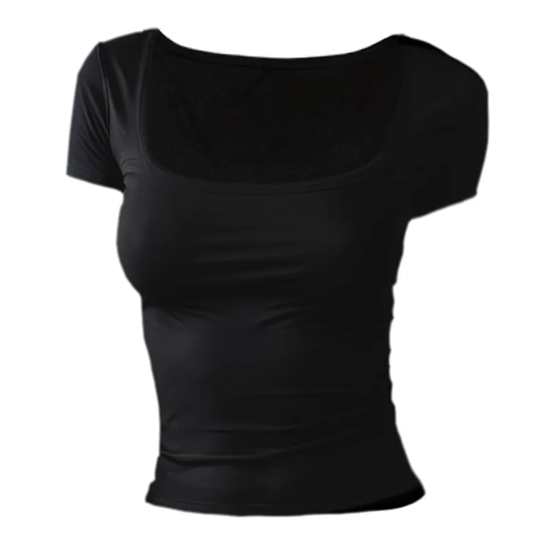 Short Sleeve T-shirt for Women Summer 2026 Solid Color Elastic Square-cut Collar slim fit Tops Sexy Y2k Street Wear Tee Fashion