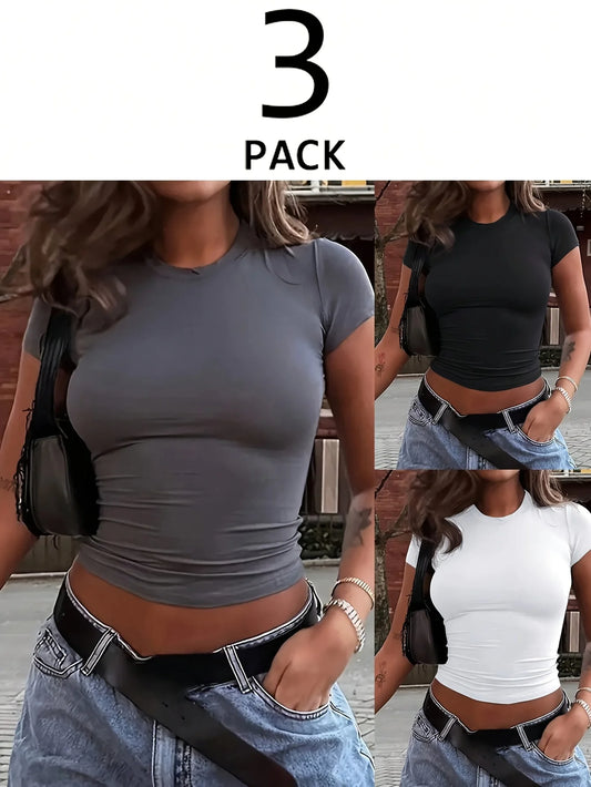 3pcs Women's Slim Fit Short Sleeve T-Shirts Elegant Crew Neck Casual Tshirt Ladies Y2k Vintage Basic Tees 2025 Women's Clothing