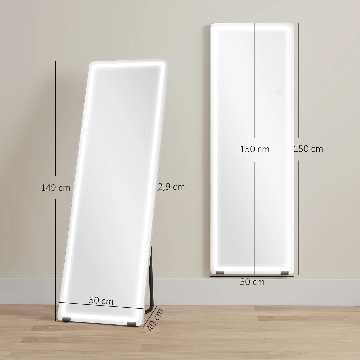 Homcom Full Length Standing Mirror with Lights 150X50 cm Frameless 3 Color Temperatures Adjustable Brightness Transparent
