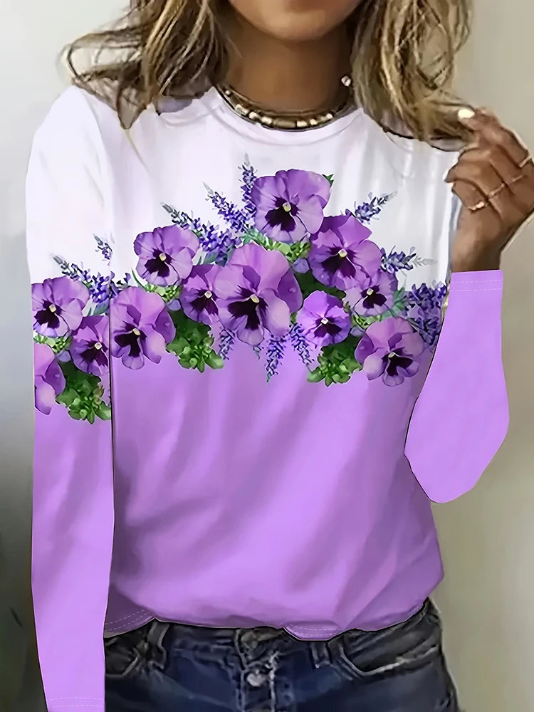 Daily Women's Warm Tops For Autumn And Winter 3D Flower-printed Fashionable Long-sleeved T-shirts Street-style Casual T-shirts