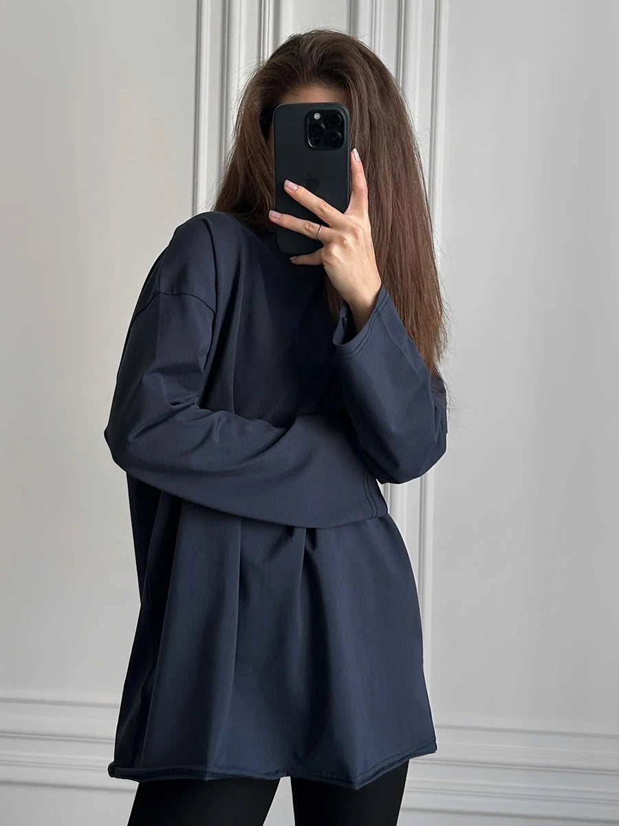 Blubelle Women Autumn 100% Cotton T-shirt Bottoming Spring Basic Fashionable Solid Lady Long Sleeve Loose Tops Shirts