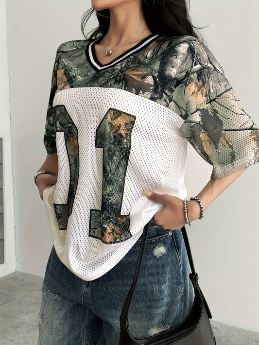 Summer Women's V-Neck Camouflage Letter Print Sport Quick-Drying T-Shirt, Breathable Mesh Loose Short-Sleeved Shoulder Top