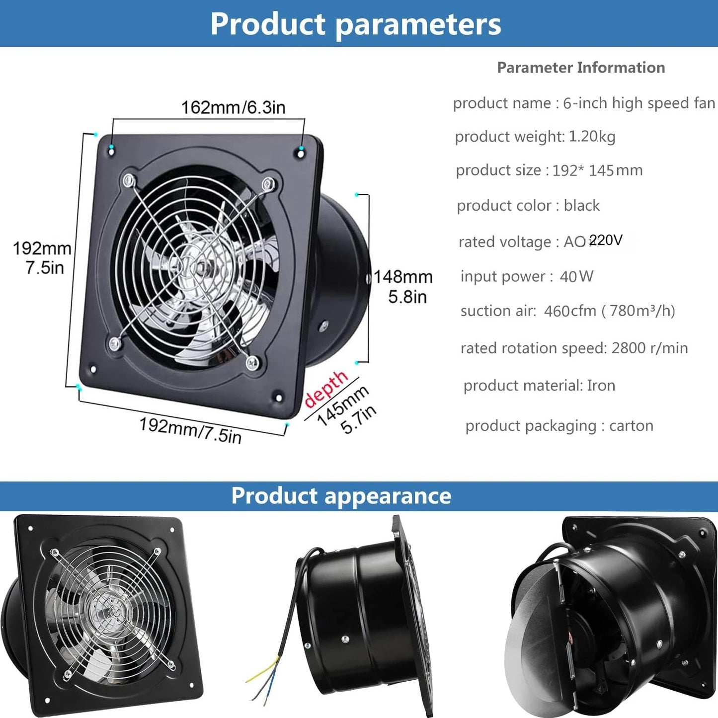 4/6/8" Exhaust Fan Metal Iron Ventilation Extractor,Silence with Anti-backflow Check Valve Window&Wall Mount Vent Fans for Home