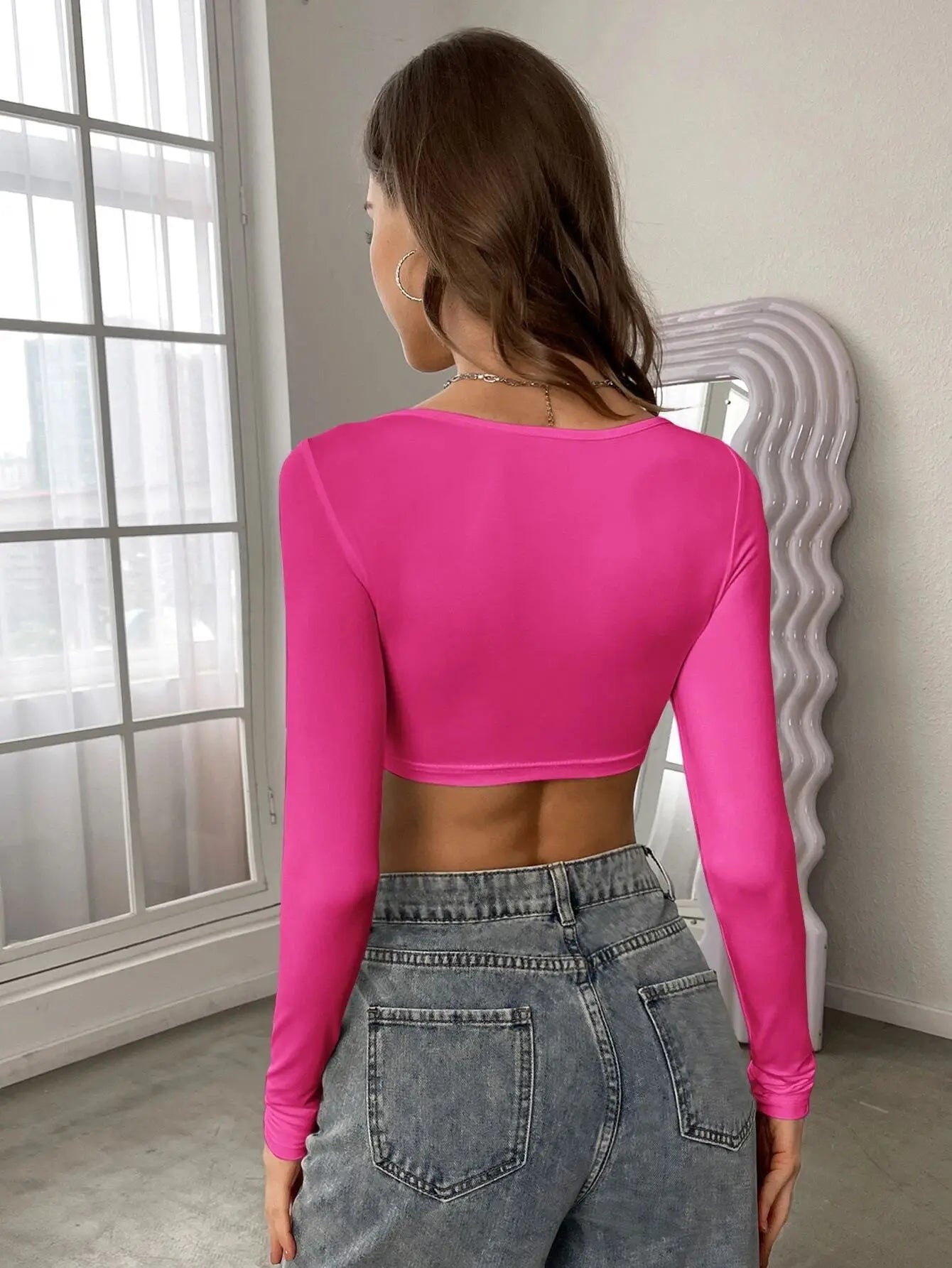 Spring Autumn Women Long Sleeve T Shirt quared Neck Cropped T-shirt Pullovers Basic Tee Y2k Streetwear Women's Clothing Tops