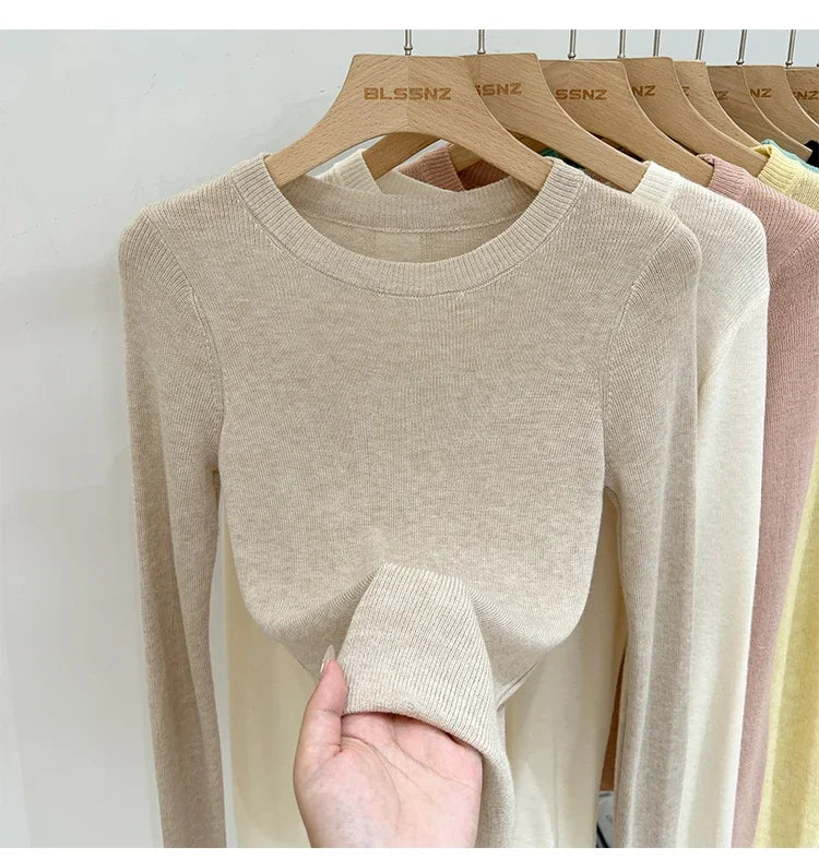 Spring  Basic O-Neck Slim T-Shirt Women Solid Multi Color All-Match Trend Casual Top Screw Knit Long Sleeve Elastic Office Lady