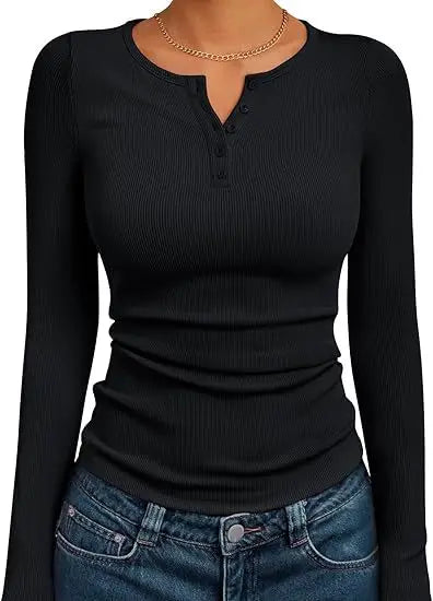 Fashionable Women's Long Sleeve Slim Fit Autumn 2025 Henry Collar T-Shirt Ribbed Basic Style Top for Ladies