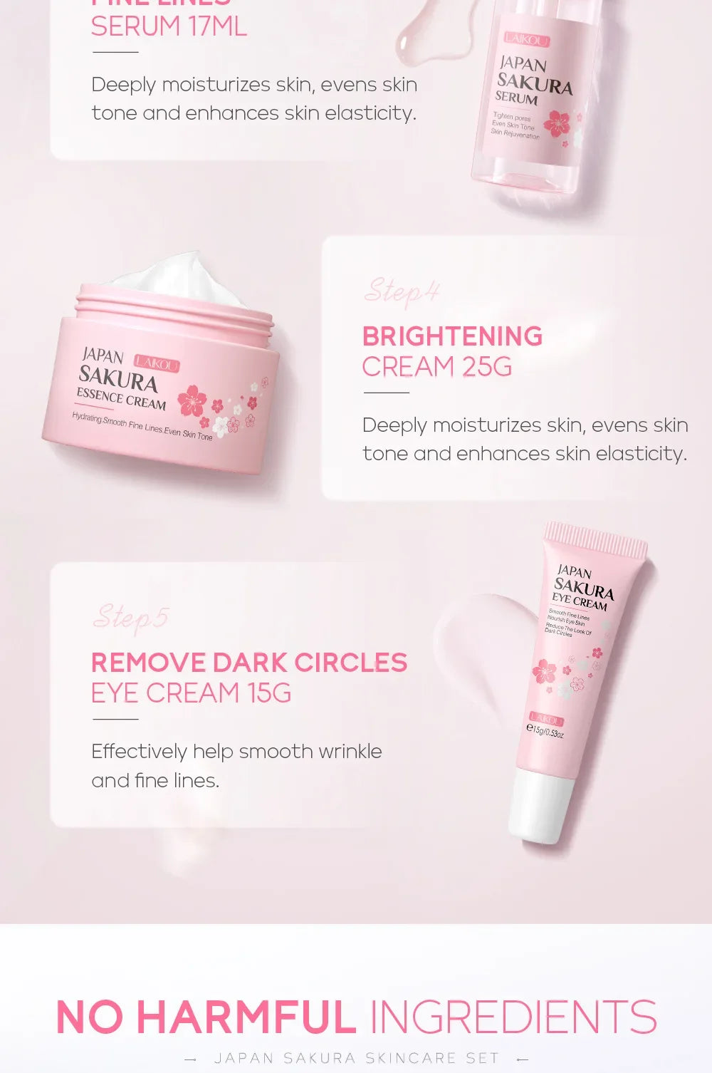 LAIKOU Sakura Kit Skin Care Sets Moisturizing and Reducing Fine Lines Cleansing Pore Product 5-Piece Korean Women's Day Gift