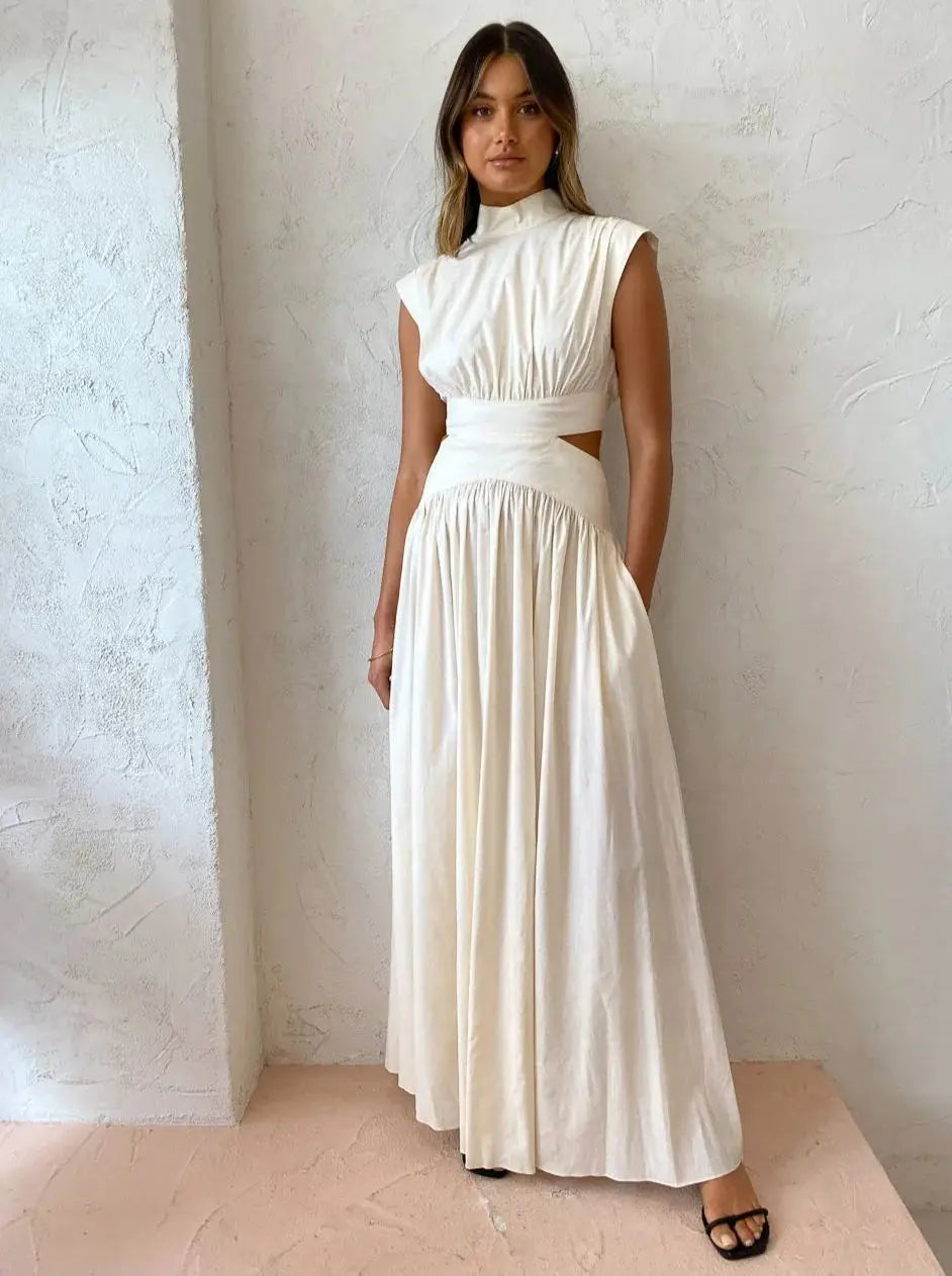 New Holiday Style, Solid Color Waist Empty And Sexy Waist Pleated Large Skirt Dress