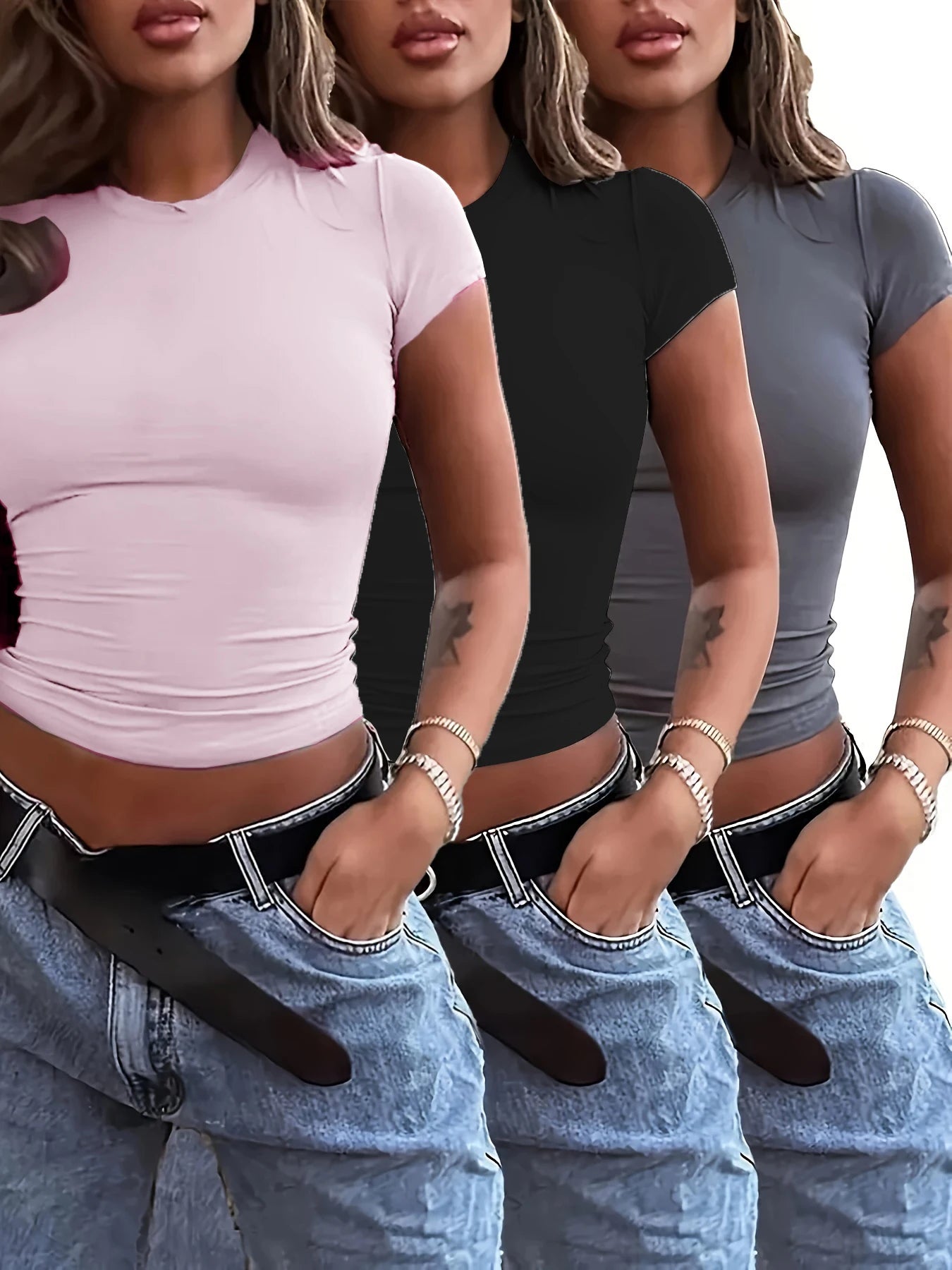 3pcs Women's Slim Fit Short Sleeve T-Shirts Elegant Crew Neck Casual Tshirt Ladies Y2k Vintage Basic Tees 2025 Women's Clothing