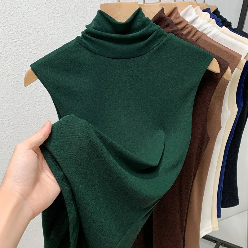 Elastic Mesh High Neck T-shirt New Women's Solid Color Plus Size Sleeveless Basic Top