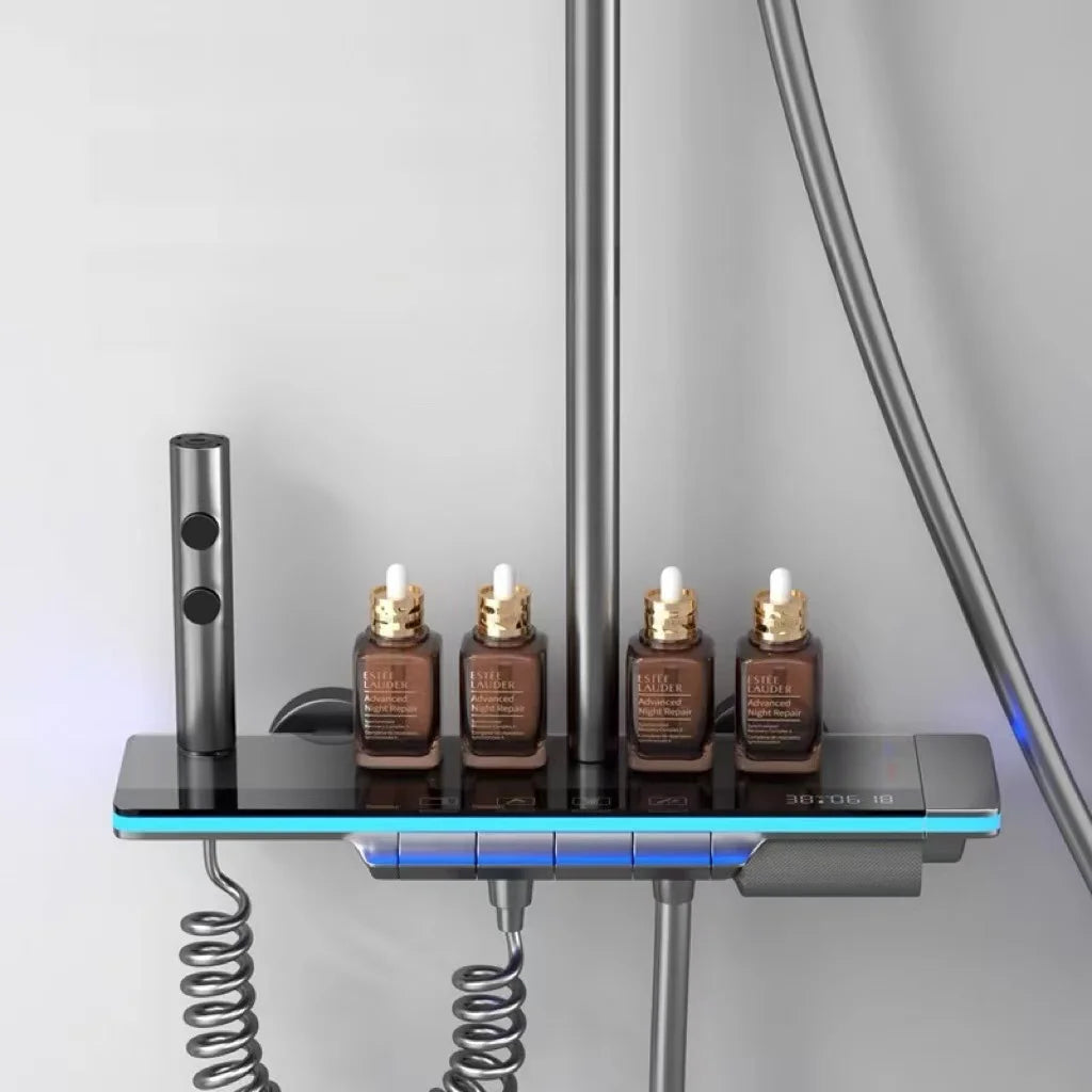 Bathroom Shower Faucet System with Lights Tempered Glass Shower Set Digital Display Copper Mixer Shower Faucet Set