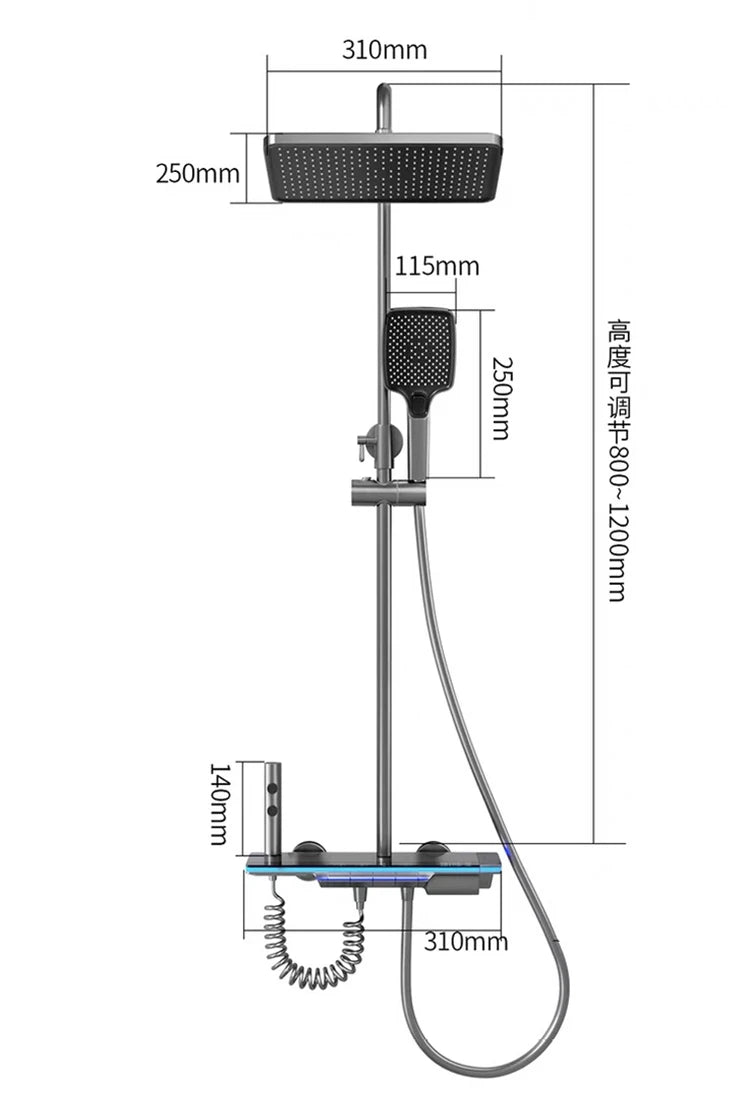 Bathroom Shower Faucet System with Lights Tempered Glass Shower Set Digital Display Copper Mixer Shower Faucet Set