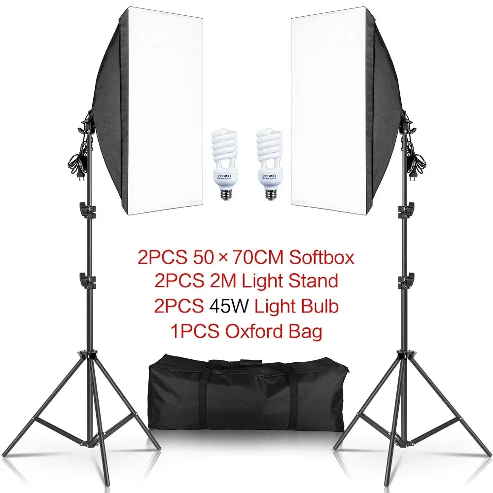 50x70CM Softbox Lights With Cross Arm E27 Photographic Bulbs Professional Photo Studio Continuous Lighting Kit With Tripod Stand