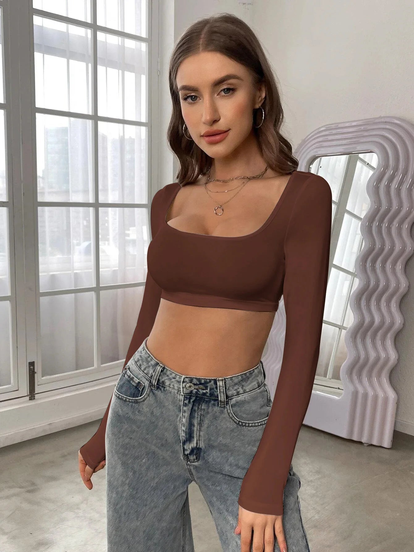 Spring Autumn Women Long Sleeve T Shirt quared Neck Cropped T-shirt Pullovers Basic Tee Y2k Streetwear Women's Clothing Tops