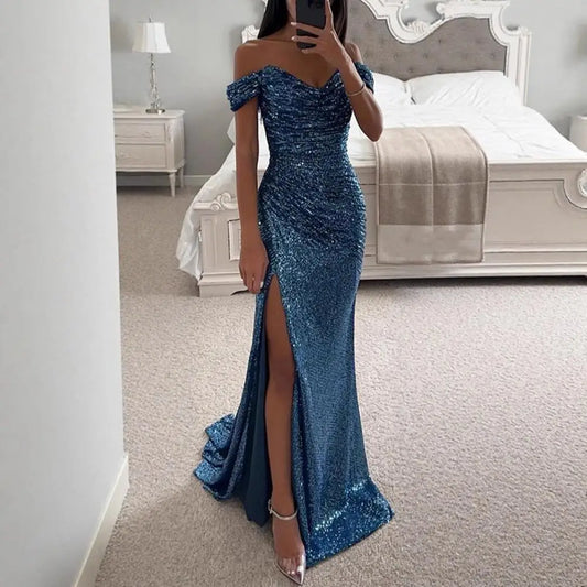2025 Elegant Off-shoulder Gown Dress V-Neck Sequin Pleated Short Sleeve Waist Tight Maxi Dress Split Evening Party Prom Dress