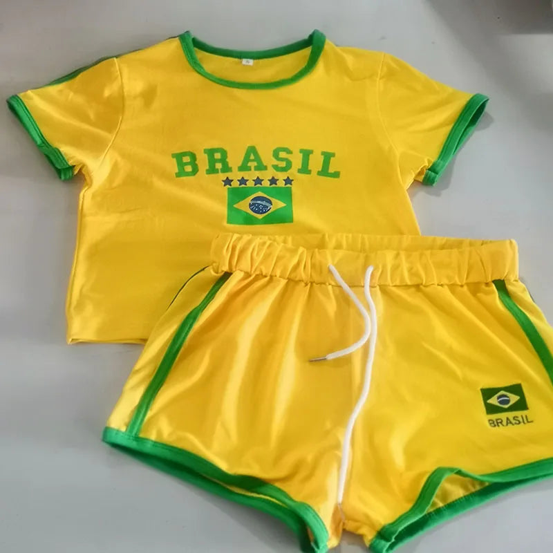 2000s Aesthetic BRASIL Letter Print T-Shirt Shorts Suit Women Vintage Grunge Short Sleeve Baby Tees Summer Crop Top Y2k Clothes