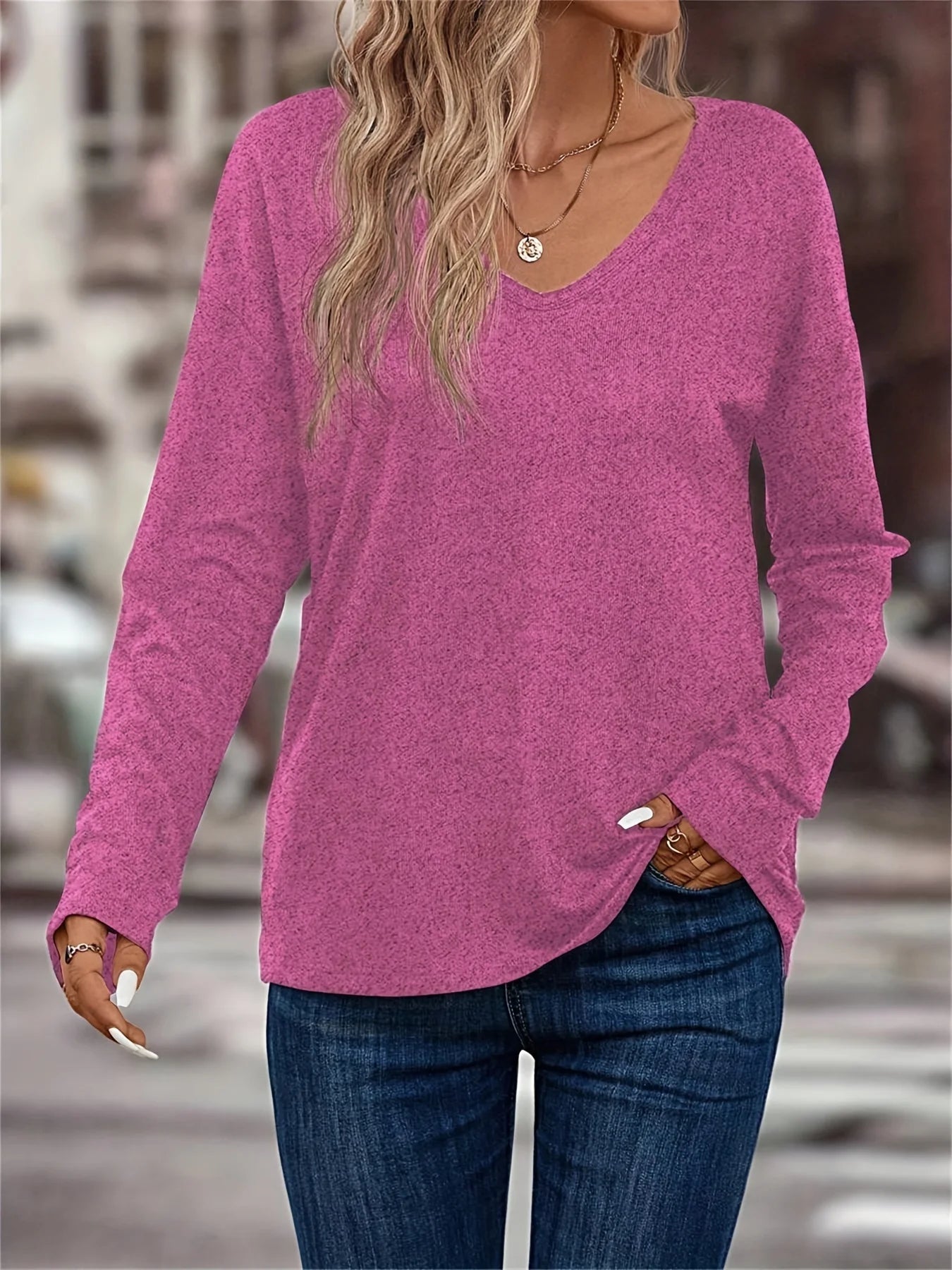 Women's Long Sleeve V-Neck Solid Color Dropped Shoulder T-Shirt - Soft micro-stretch fabric suitable for spring, summer and aut