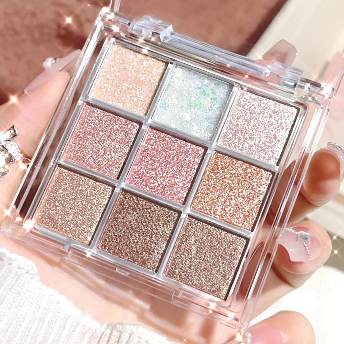 Nine-Color Eyeshadow Palette with Pearl, Fine Sparkle, Layerable Shimmer, Bright Glitter, and Vibrant Colors New