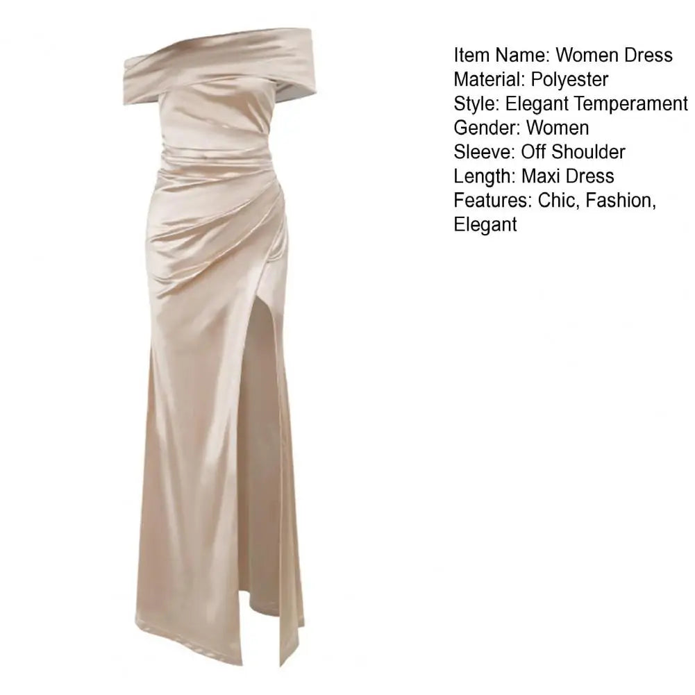 Women Polyester Spandex Dress Elegant Off Shoulder Satin Prom Dress with High Slit for Women Formal Evening Gown Cocktail