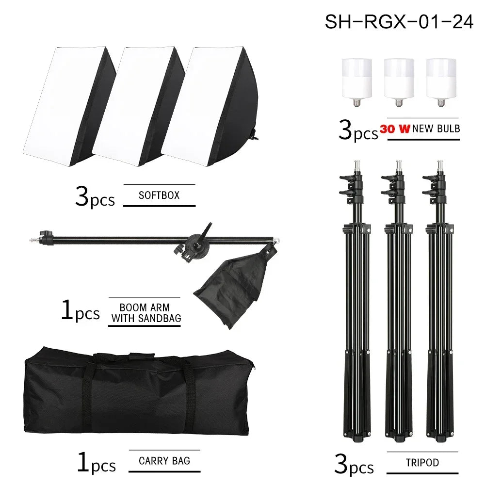 50x70CM Softbox Lights With Cross Arm E27 Photographic Bulbs Professional Photo Studio Continuous Lighting Kit With Tripod Stand