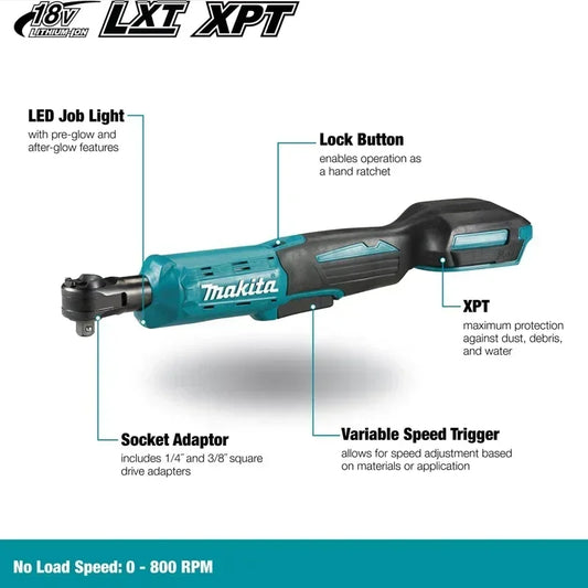 MAKITA DWR180Z 18V Cordless Ratchet Wrench 6.35mm Drive High-Torque 47.5 N·m Angle Socket Tool for Industrial & Auto Use