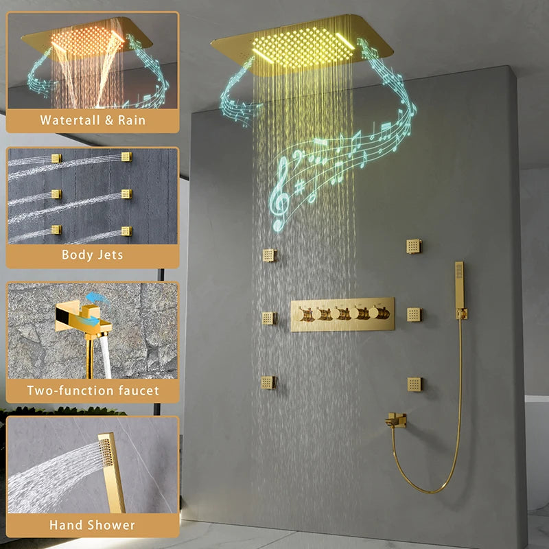580*380mm Constant-Temperature Shower System Brushed Gold Shower Set LED Light Music Ceiling Hower head Body Massage Nozzle