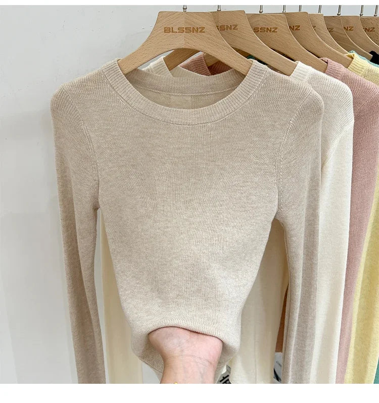 Spring  Basic O-Neck Slim T-Shirt Women Solid Multi Color All-Match Trend Casual Top Screw Knit Long Sleeve Elastic Office Lady