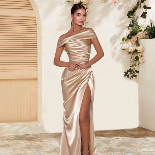 Women Polyester Spandex Dress Elegant Off Shoulder Satin Prom Dress with High Slit for Women Formal Evening Gown Cocktail