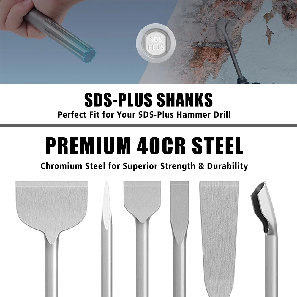 7Pcs Chisel Set SDS Plus Rotary Hammer Drill Bit Point Flat Scaling Chisel Masonry Tools for Removing Concrete Block Walls Rock