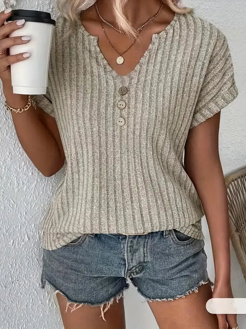 Spring/summer new solid color ribbed top V-neck button decorated elegant T-shirt ladies S-2XL