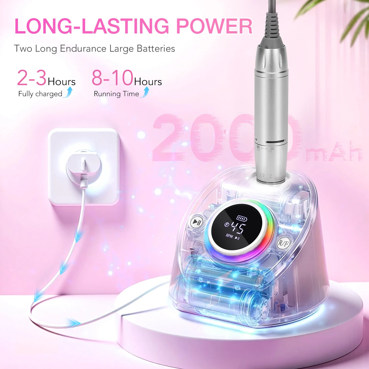 45000RPM Professional Rechargeable Electric Nail Drill Machine With Base Portable Cordless Nail File For Acrylic Gel Nail Remove