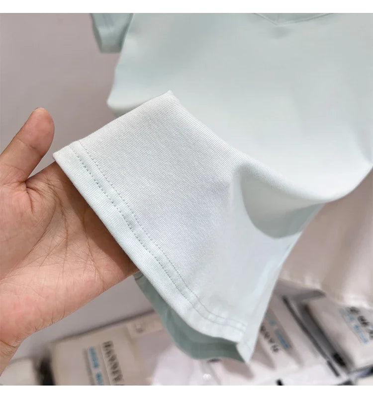 Zjaiss 2026 Summer High Quality Casual V-Neck Women T Shirt Sexy Slim Short Sleeves Fashion Trend Solid Clothing Y2k Tops