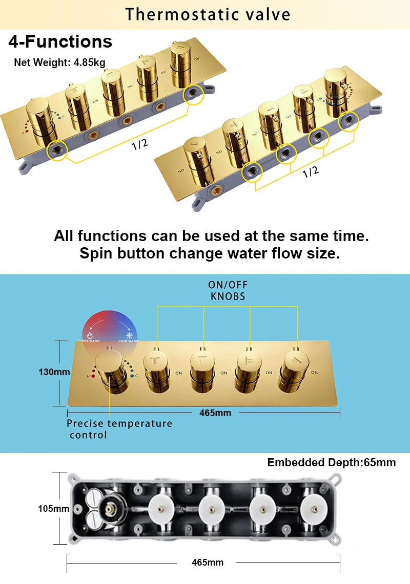 580*380mm Constant-Temperature Shower System Brushed Gold Shower Set LED Light Music Ceiling Hower head Body Massage Nozzle