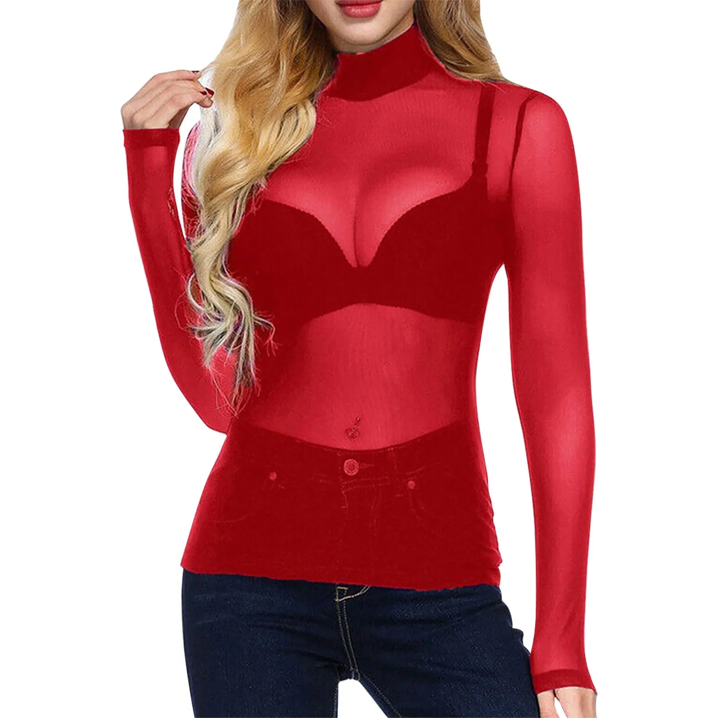 Summer women's sexy ultra-thin mesh T-shirt Elastic Tight long-sleeved Black Mesh Tee Shirt half-high collar transparent Top