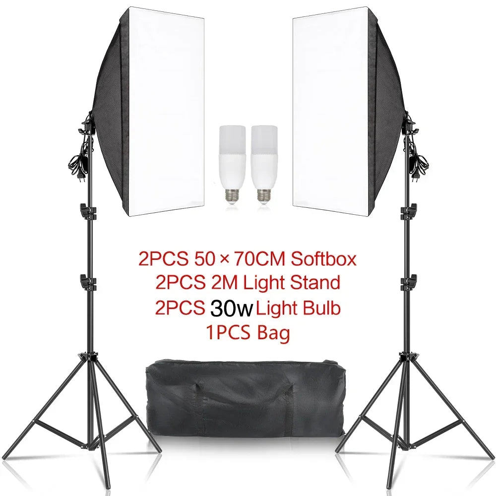 50x70CM Softbox Lights With Cross Arm E27 Photographic Bulbs Professional Photo Studio Continuous Lighting Kit With Tripod Stand