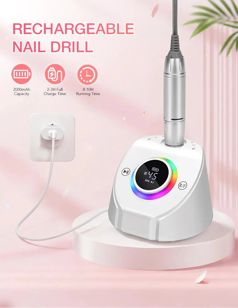 45000RPM Professional Rechargeable Electric Nail Drill Machine With Base Portable Cordless Nail File For Acrylic Gel Nail Remove