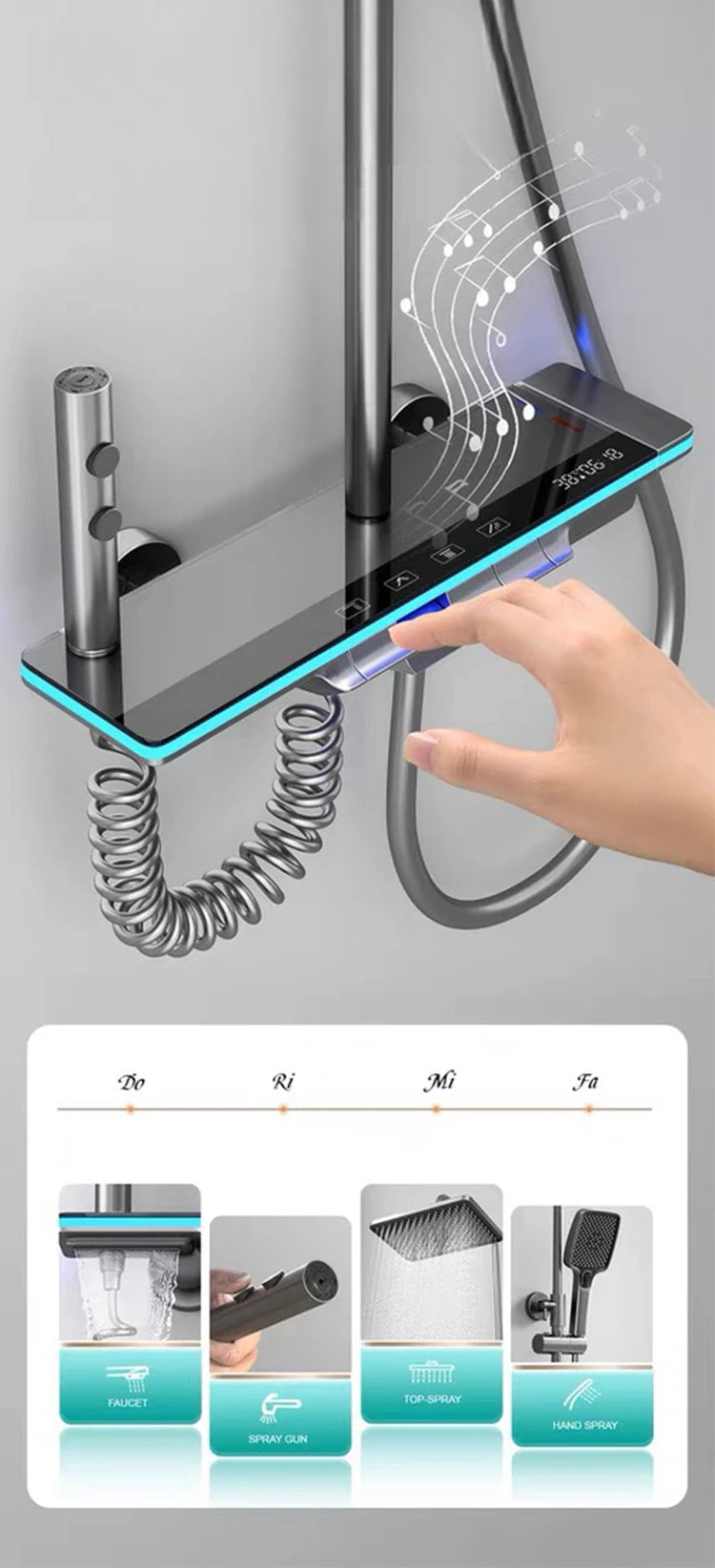 Bathroom Shower Faucet System with Lights Tempered Glass Shower Set Digital Display Copper Mixer Shower Faucet Set